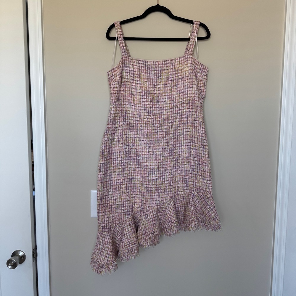 Likely Manon Dress Rose Hamptons Tweed Asymmetrical Ruffle Mini Size 14